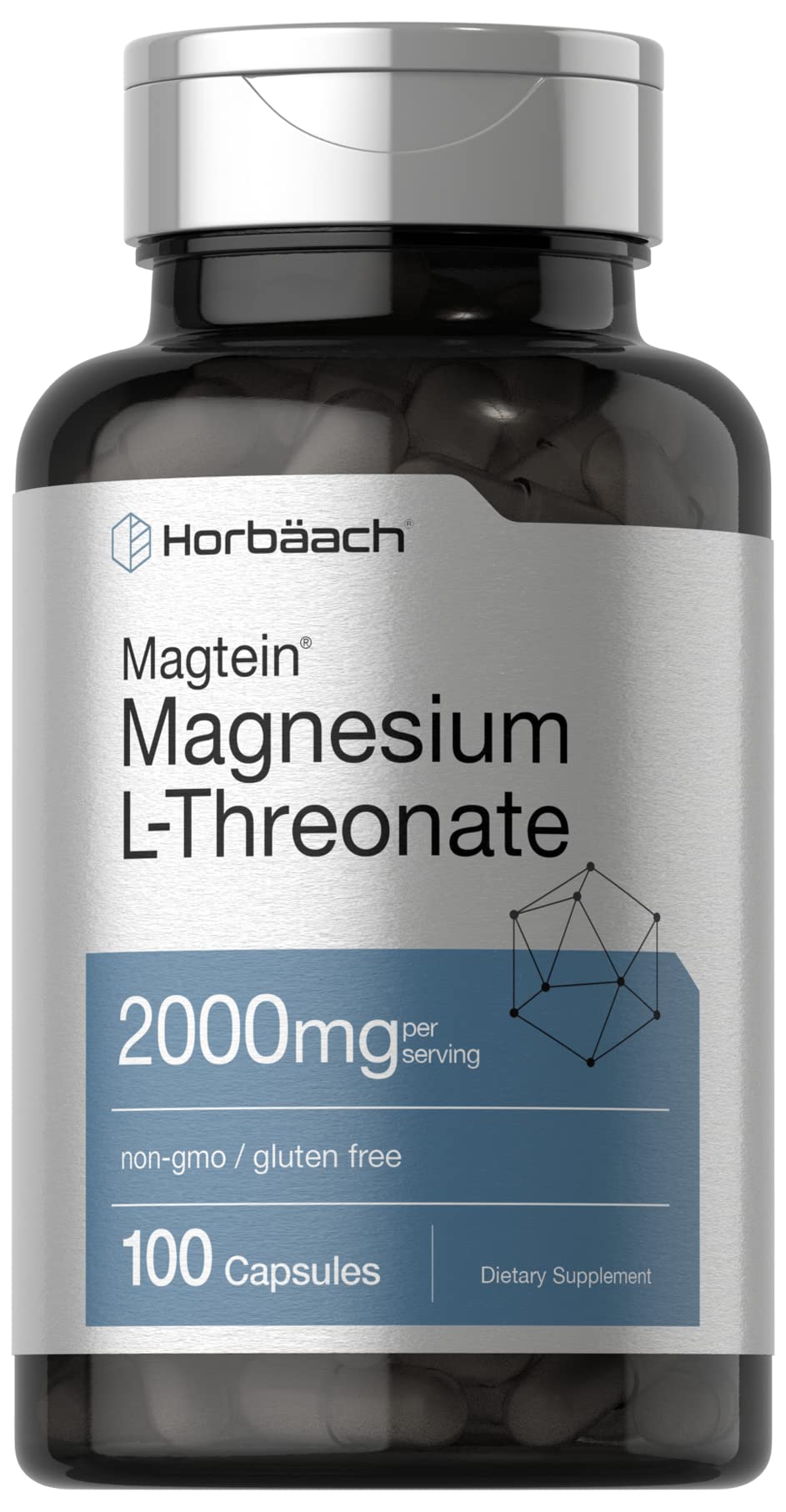 Horbäach Magtein Magnesium L-Threonate | 2000mg Supplement | 100 Capsules | for Men & Women | Non-GMO and Gluten Free