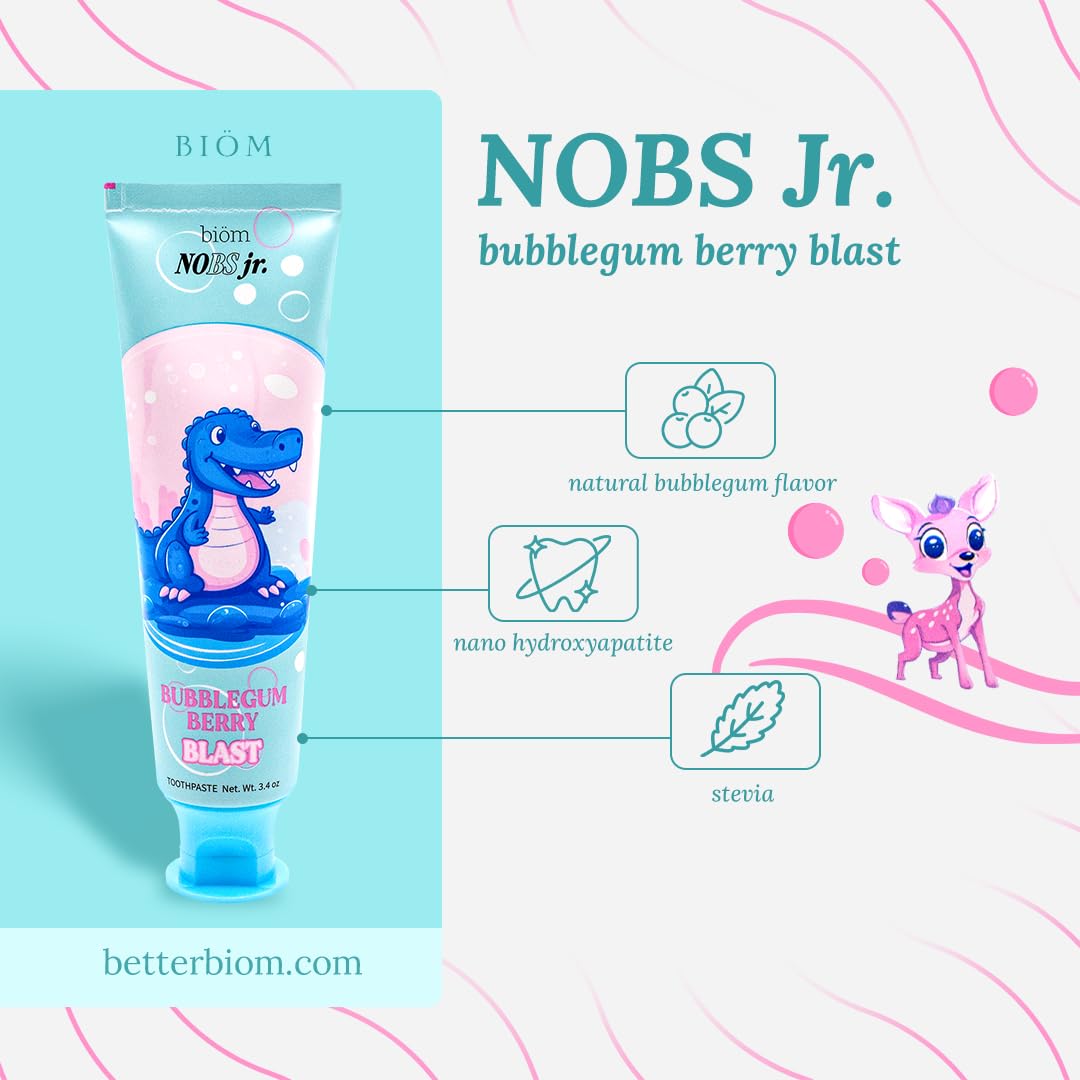 NOBS Jr. Kids Nano Hydroxyapatite Toothpaste – Fluoride Free, SLS-Free, Remineralizing - Dentist Formulated - Bubblegum Berry - Made in The USA