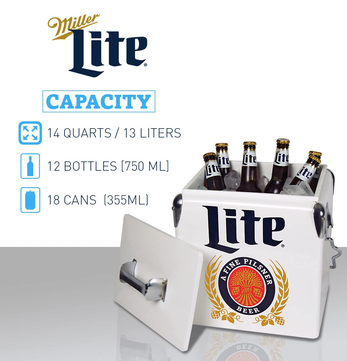 Miller Lite Retro Ice Chest Cooler with Bottle Opener 13L (14 qt), 18 Can Capacity, Blue and Red, Vintage Style Ice Bucket for Camping, Beach, Picnic, RV, BBQs, Tailgating, Fishing