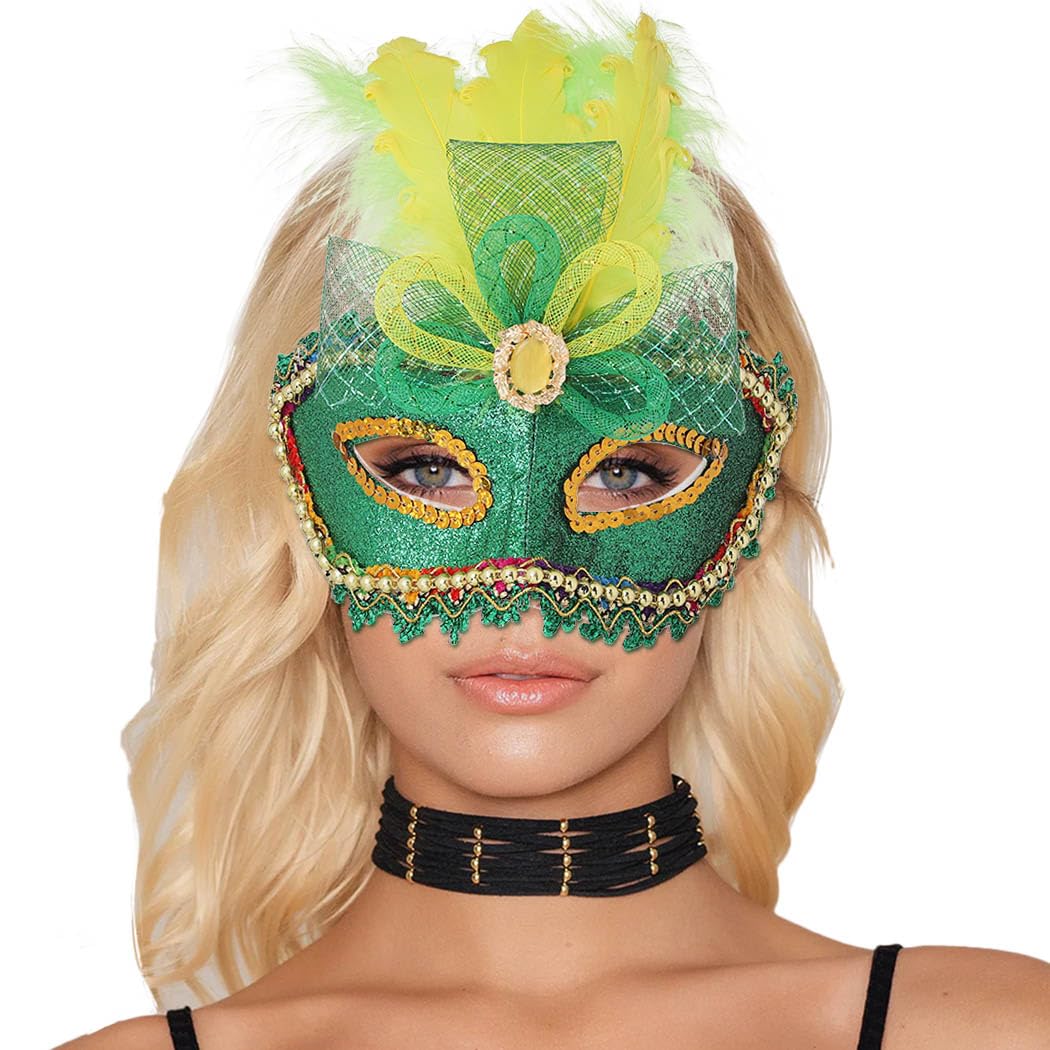 Campsis Masquerade Mask Green Mardi Gras Mask Feather Carnival Mask Venetian Costume Mask Party Favors for Women and Girls