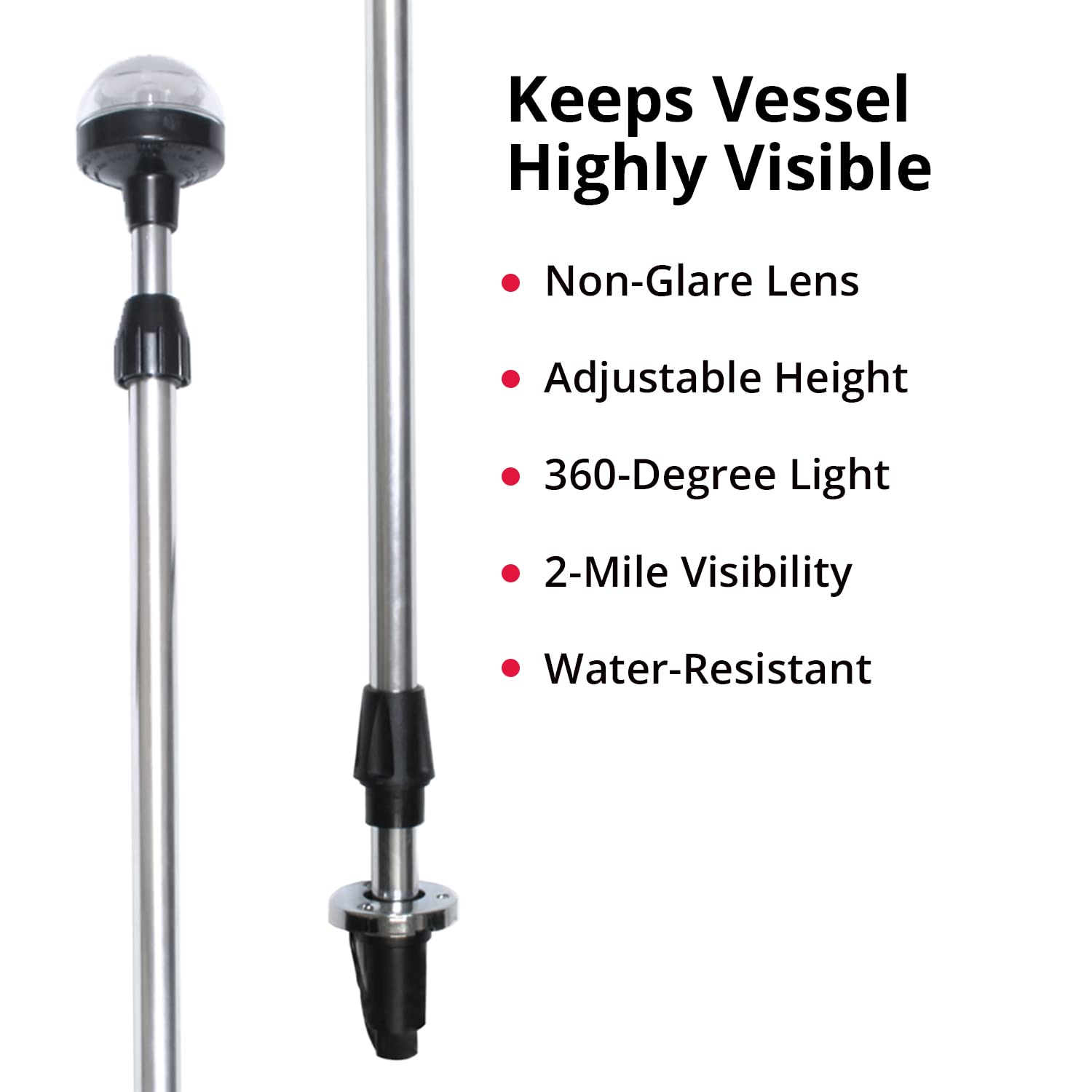 SeaSense 26”- 48” Telescoping All-Round Stern Light - - 2 Nautical Mile Range - Adjustable, Stowable Chrome Light for Boats, Kayaks, Canoes & Pontoons up to 39 Feet - Meets USCG Requirements