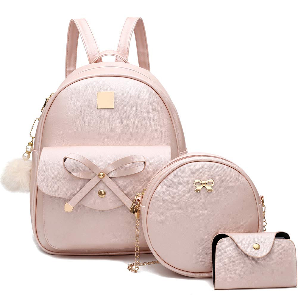 I IHAYNER Girls Bowknot 3-Pieces Fahsion Leather Backpack Backpack Purse for Women Rucksack for Ladies Shoulder Bag Pink