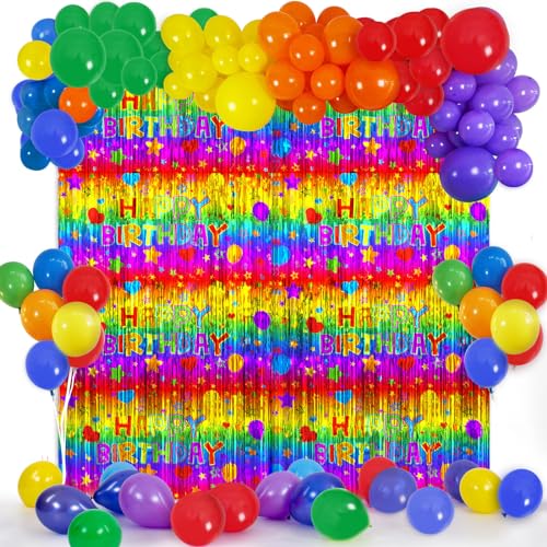 Avezano 134PCS Rainbow Birthday Party Decorations, Rainbow Party Balloons Arch Kit Foil Fringe Curtains Set for Kids Friends Happy Birthday Birthday Party Decor Backdrop Photo Booth Props Supplies