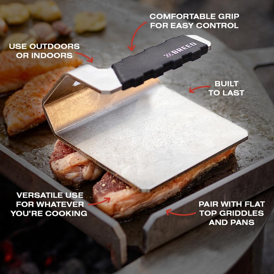 Breeo Griddle Press, 2.6 lbs - Heavy-Duty, Stainless Steel, USA Made - Smash Burgers, Patty, Steak, Sandwiches - Flat Top Grilling, Grill & Hamburger Press - Smash, Sear, Sizzle - Griddle Accessories