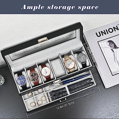 ProCase Watch Box for Men, 3 Slot Watch Display Case with Drawer, Mens Watch Case With Glass Lid, 2-Layer Jewelry and Watch Storage Watch Holder Organizer for Men Women -3 Slot, Black