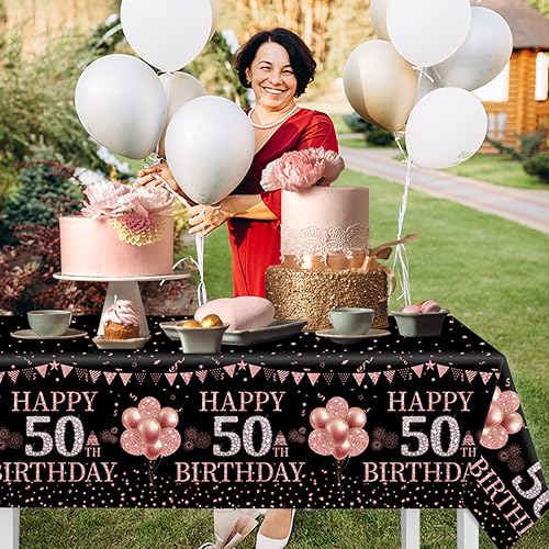 3Pcs Rose Gold 50th Birthday Tablecloths-Happy 50 Birthday Party Supplies for Women Rose Gold Disposable Rectangular Plastic Table Covers