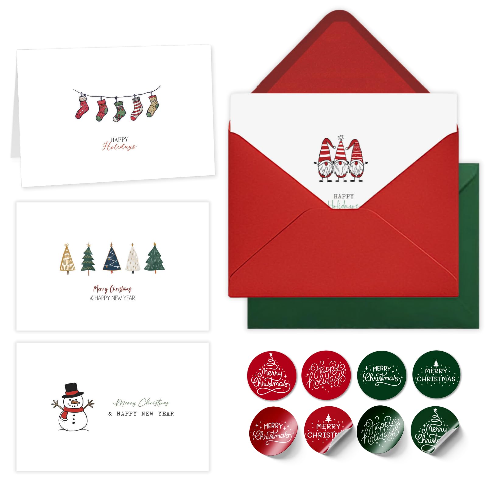 Paper Play Merry Christmas Cards with Envelopes, Set of 20 Adorable Christmas Cards Bulk Pack - 4x6 Inches Bulk Christmas Cards with Envelopes & Matching Stickers, Smudge-resistant Heavy Duty Cardstock