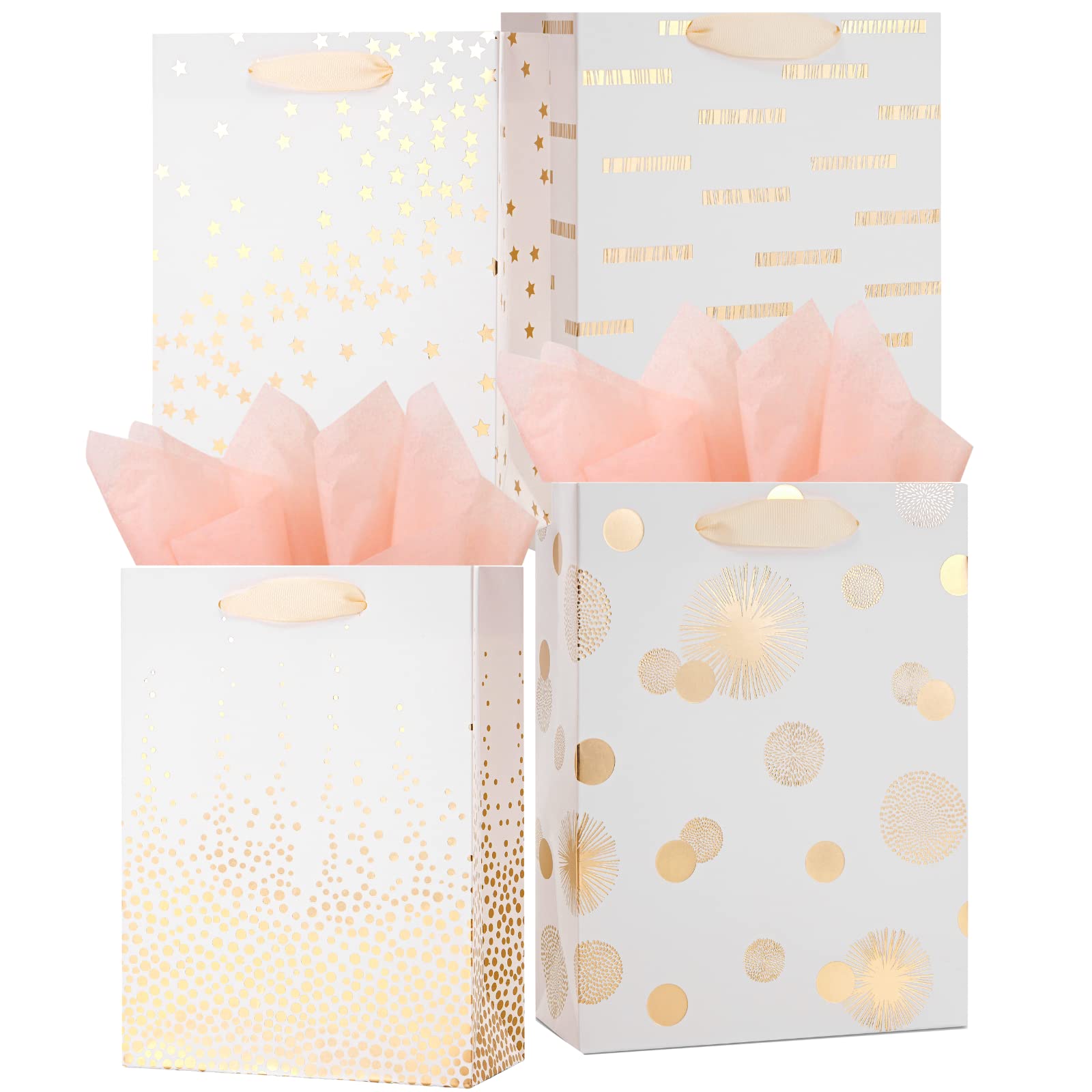 UNIQOOO 12PCS Assorted Metallic Gold Gift Bags Bulk, Medium 9 Inch, Polka Dots, Star Geometric Paper Gift Wrap Bag, For Wedding Birthday Gift Packaging, Valentine's Day, Mother's Day Party Favor Decor