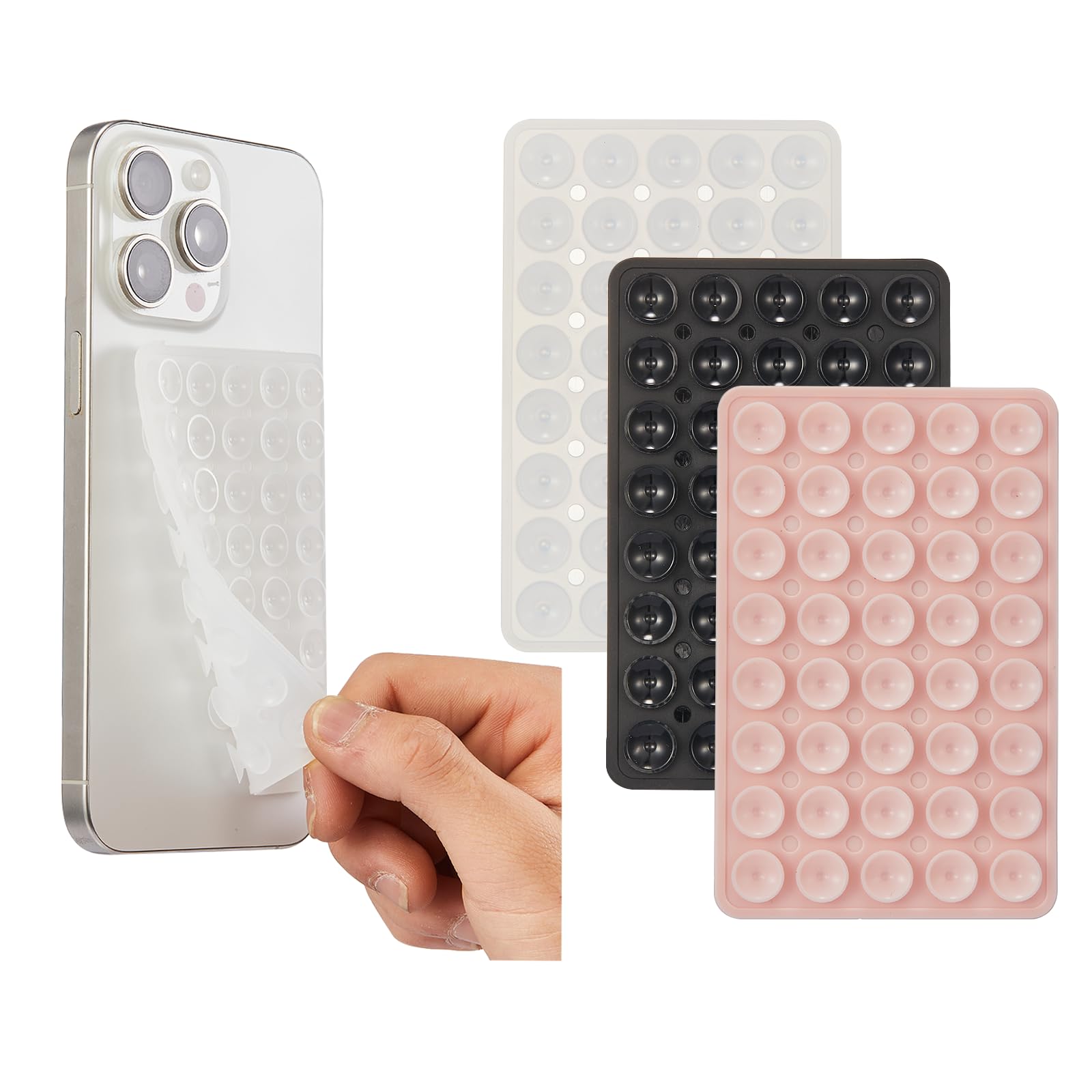 3 Pack Silicone Sticky Grip Holder for Cellphone, Silicone Suction Cup Phone Mount Hands-Free Double Sided Strong Grip Phone Holder for Selfie & Videos, Pink/Black/Transparent