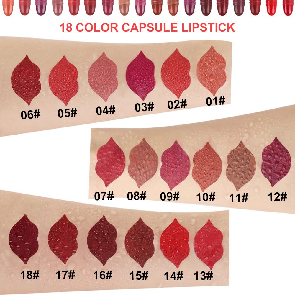 evpct 18Pcs Mini Pills Lipstick Capsule Set for Women Waterproof Long Lasting Deep Red Matte Small Magic Permanent Lipstick 24 Hour Lipstick Bulk Samples Sampler labiales mate 24 horas originales 01