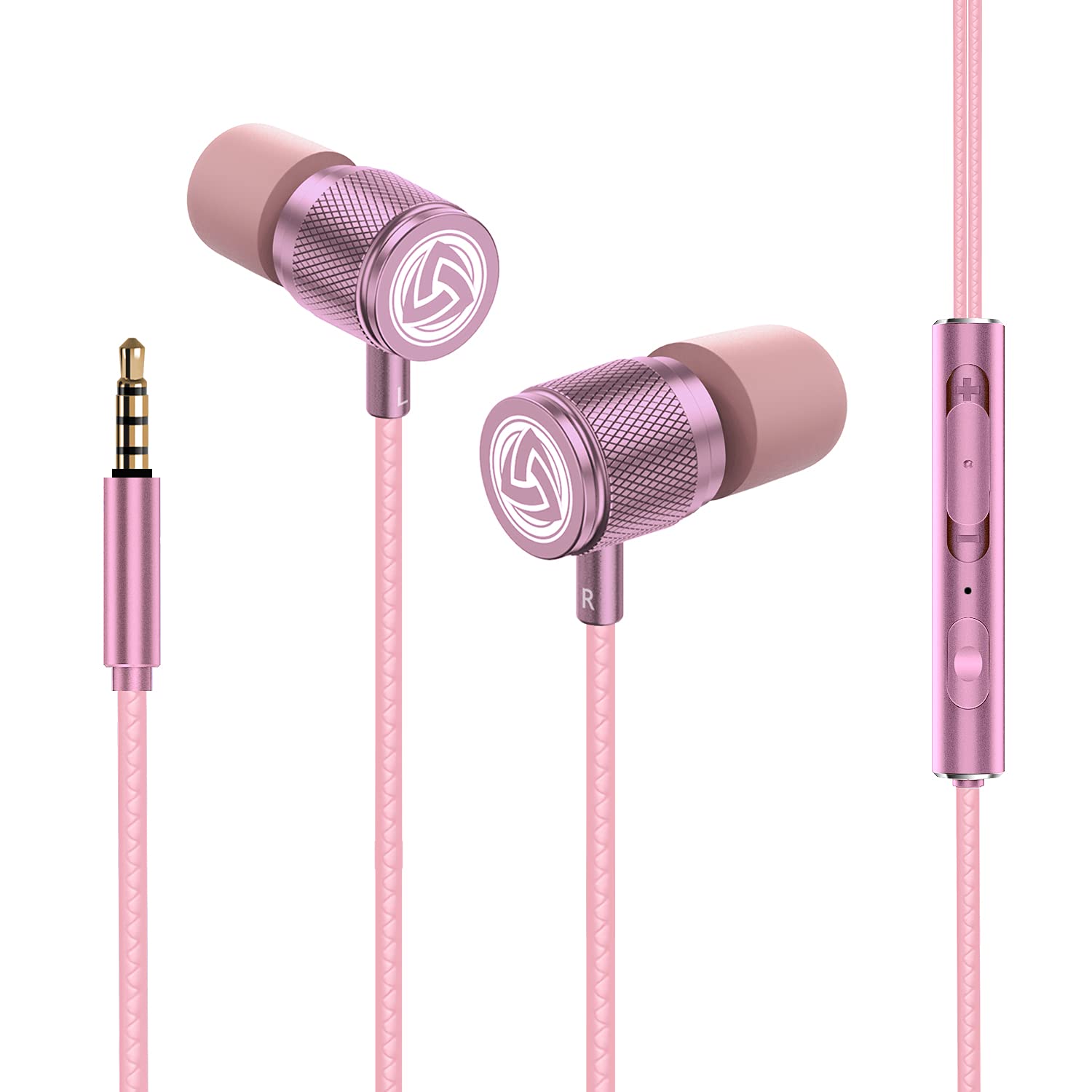 LUDOS Ultra Wired Earbuds in-Ear Headphones, 5 Years Warranty, Earphones with Microphone, Noise Isolating Ear Buds, Memory Foam for iPhone, Samsung, School Students, Kids, Women, Small Ears - Pink