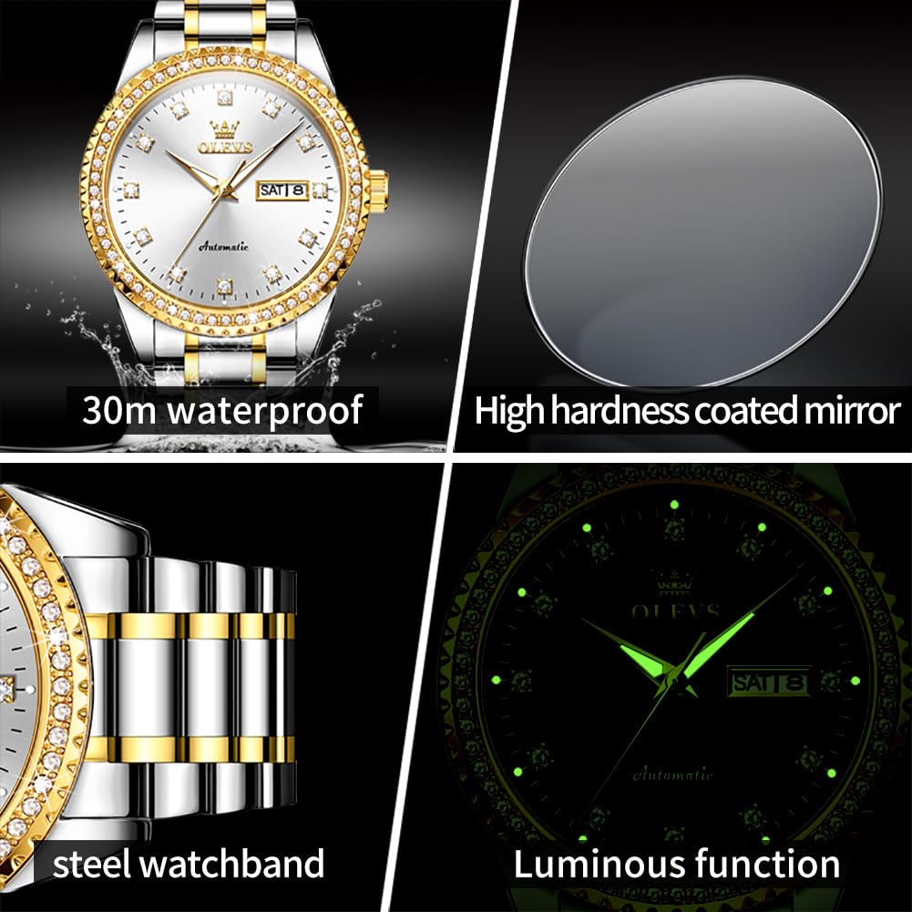 OLEVS Mens Automatic Watch Diamond Luxury Mechanical Self Winding Business Dress Wrist Watch Waterproof Luminous