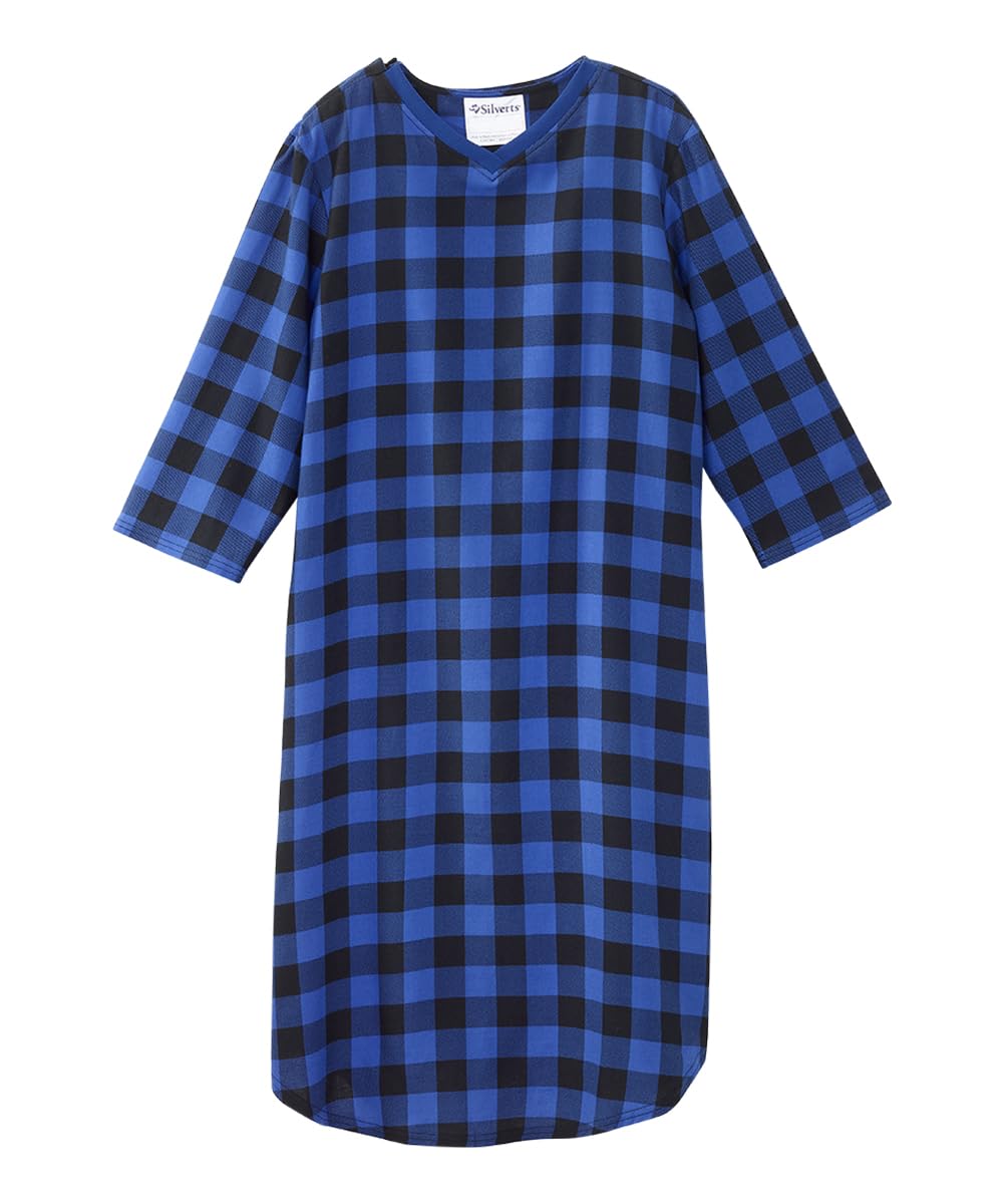 Men’s Open Back Adaptive Flannel Nightgown for Seniors - Back Snap Nightgowns With Dome Closure - Blue Buffalo MED