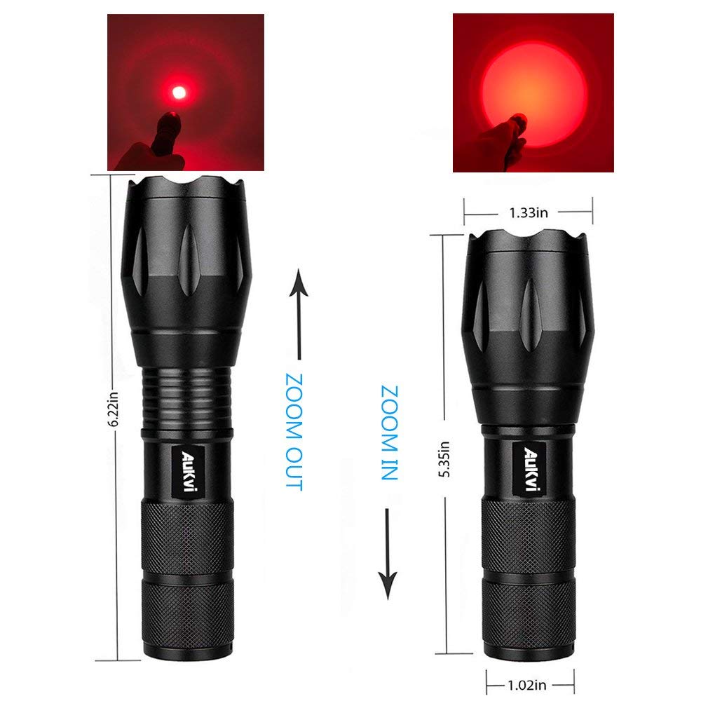 AuKvi Deep Red Light Flashlight 670nm Single Mode Long Range Red Hunting Flashlights Torch with Zoomable for Astronomy, Aviation, Night Observation-Black