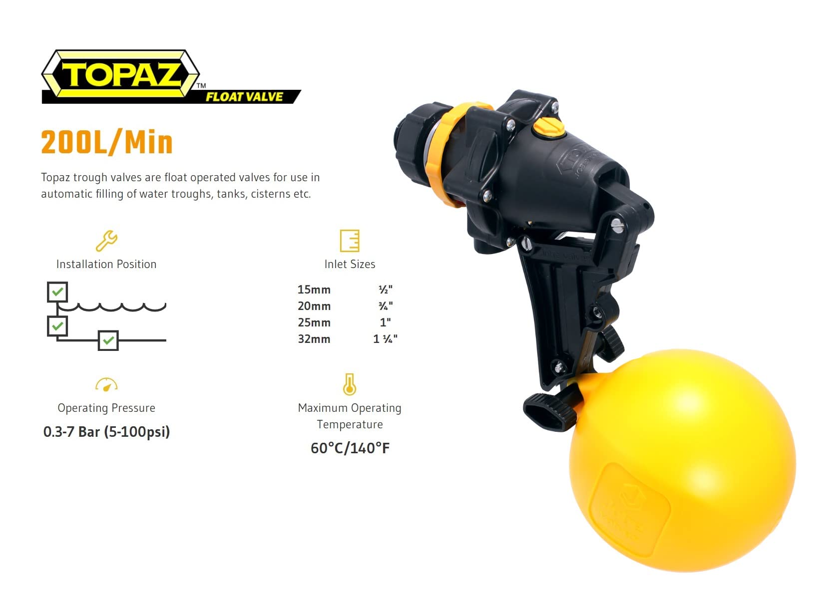 Jobe Valves J-TPV0100DLT Topaz Trough Valve with 4.9"-Wide Float, 200L/Min, 100PSI, Detach Long Tail, 1" NPT Inlet, Yellow/Black
