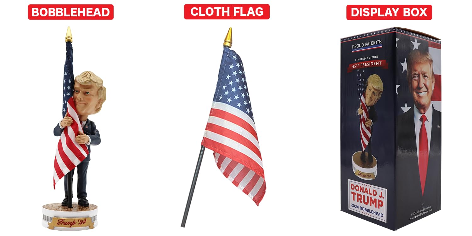 Proud Patriots Donald Trump Bobblehead | (Trump Holding American Flag - Cloth Flag Included)
