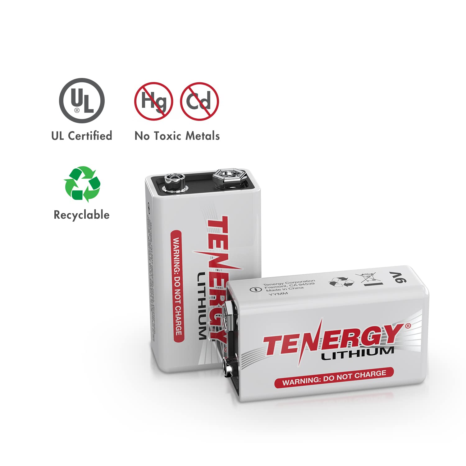 Tenergy 9V Lithium Batteries, 1200mah Non-Rechargeable Batteries, 10 Years Shelf Life Lithium 9 Volt Batteries, 2 Pack