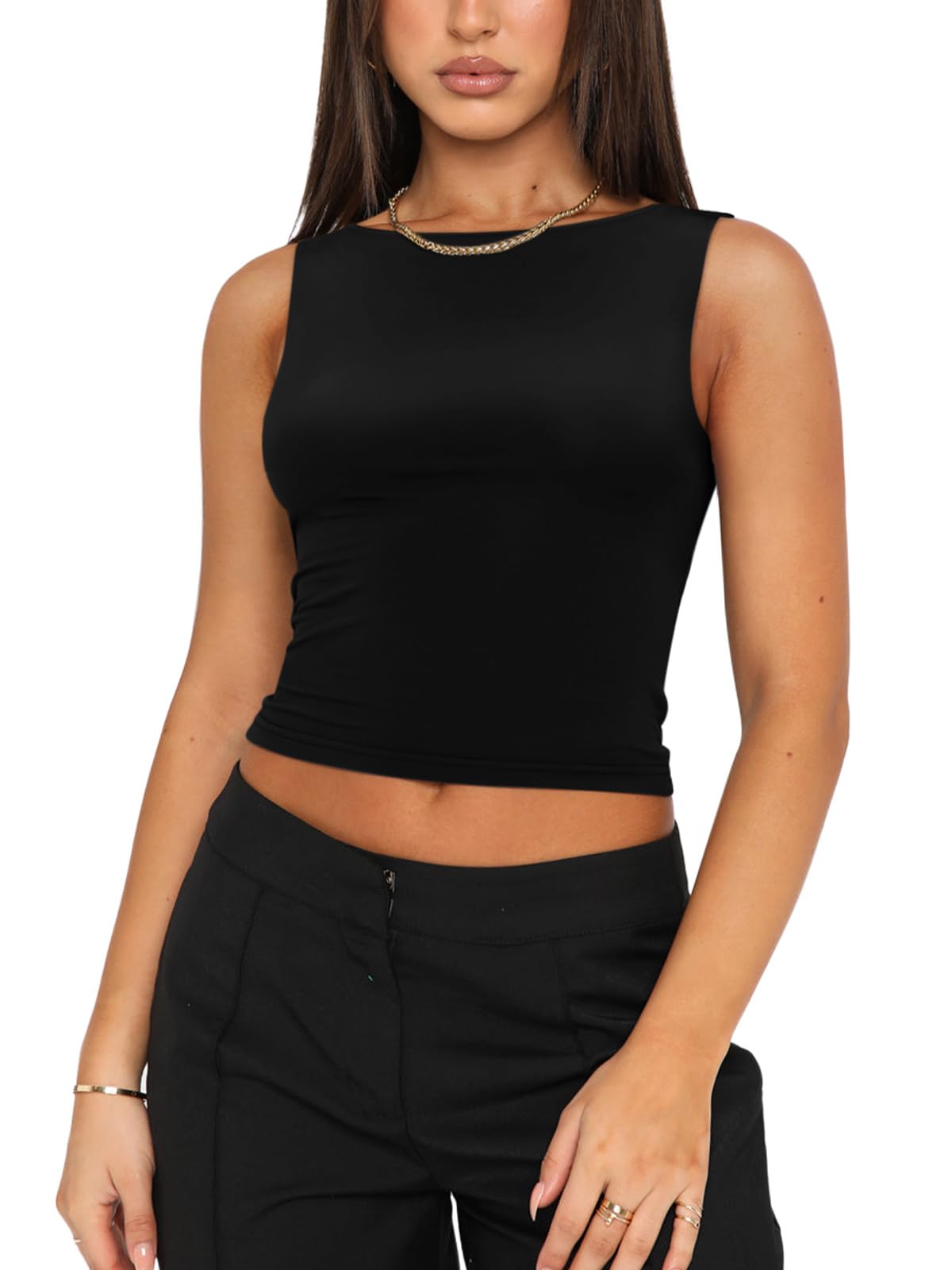 REORIA Women's Summer Sexy Open Back High Neck Sleeveless Tank Top Double Lined Y2k Trendy Backless Crop Tops Black Small