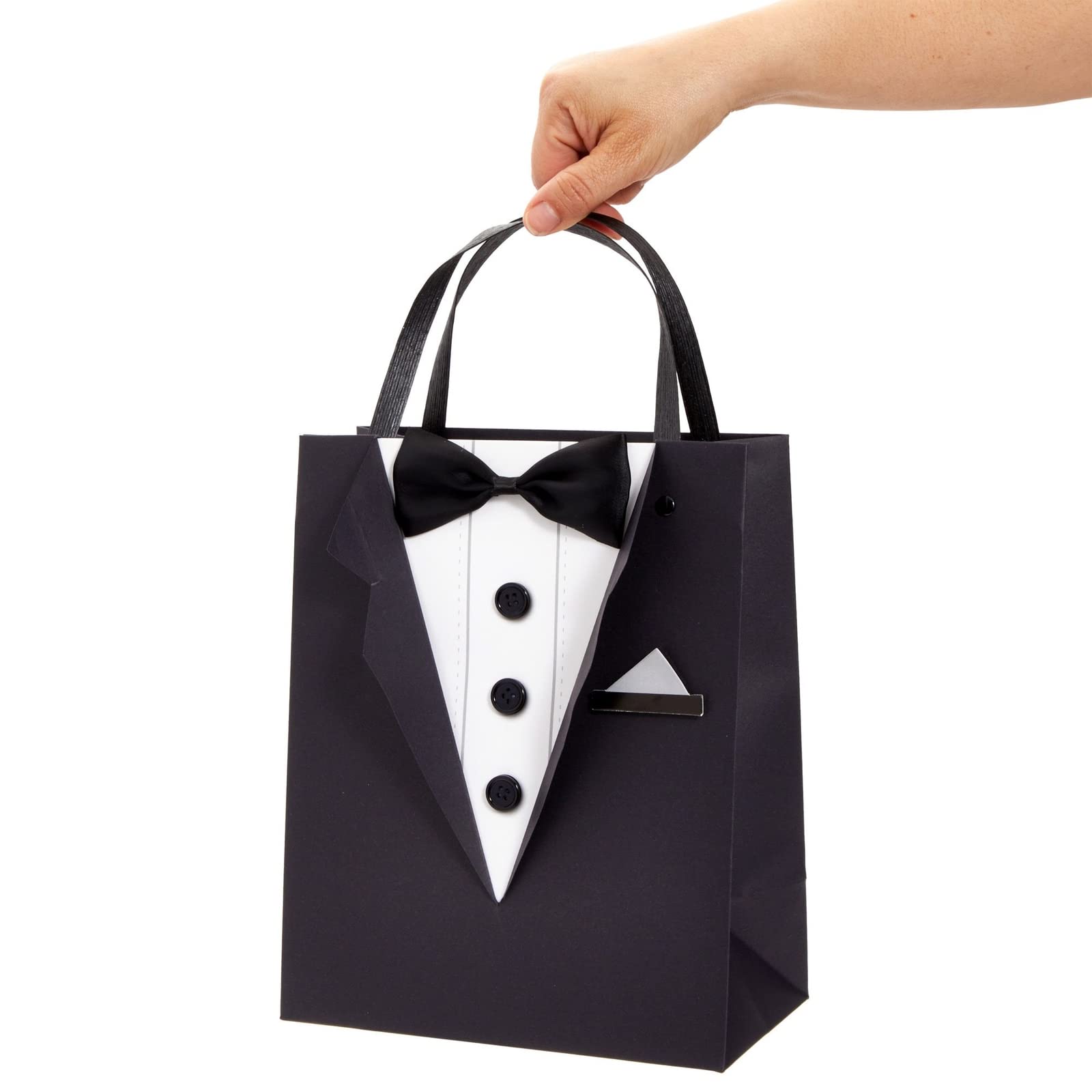 6 Pack Gift Bags with 3D Tuxedo Design, Satin Bow Tie, Real Buttons for Wedding Groomsmen Gifts for Bachelor Birthday, Bachelor Party Gift Favors Celebration (Black, 8 x 4.5 x 10 Inches)