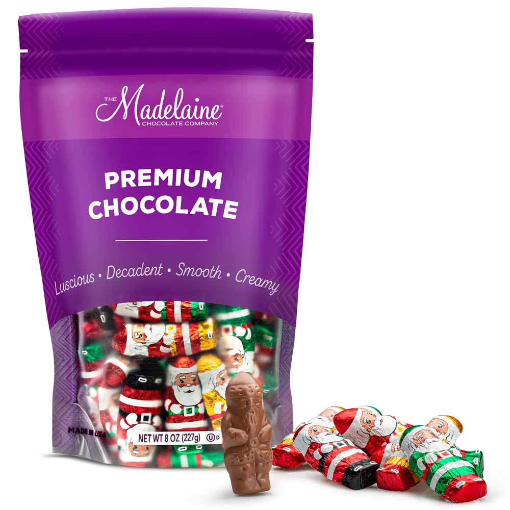 Madelaine Solid Premium Chocolate Mini Santas, (1/2 LB) Wrapped In Italian Foil Featuring Assorted Designs - (Half Pound)