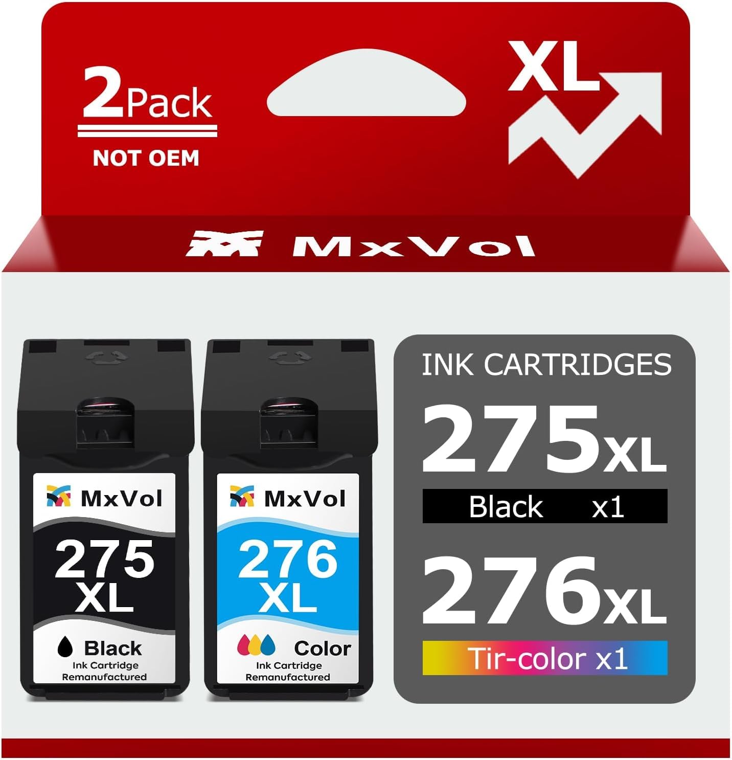 MxVol 275XL 276XL Remanufactured Ink Cartridge Replacement for Canon 275 and 276 XL PG-275XL CL-276XL Ink for Canon PIXMA TS3520 TS3522 TS3500 TR4720 TR4722 TR4700 Printers (1 Black, 1 Color Combo)