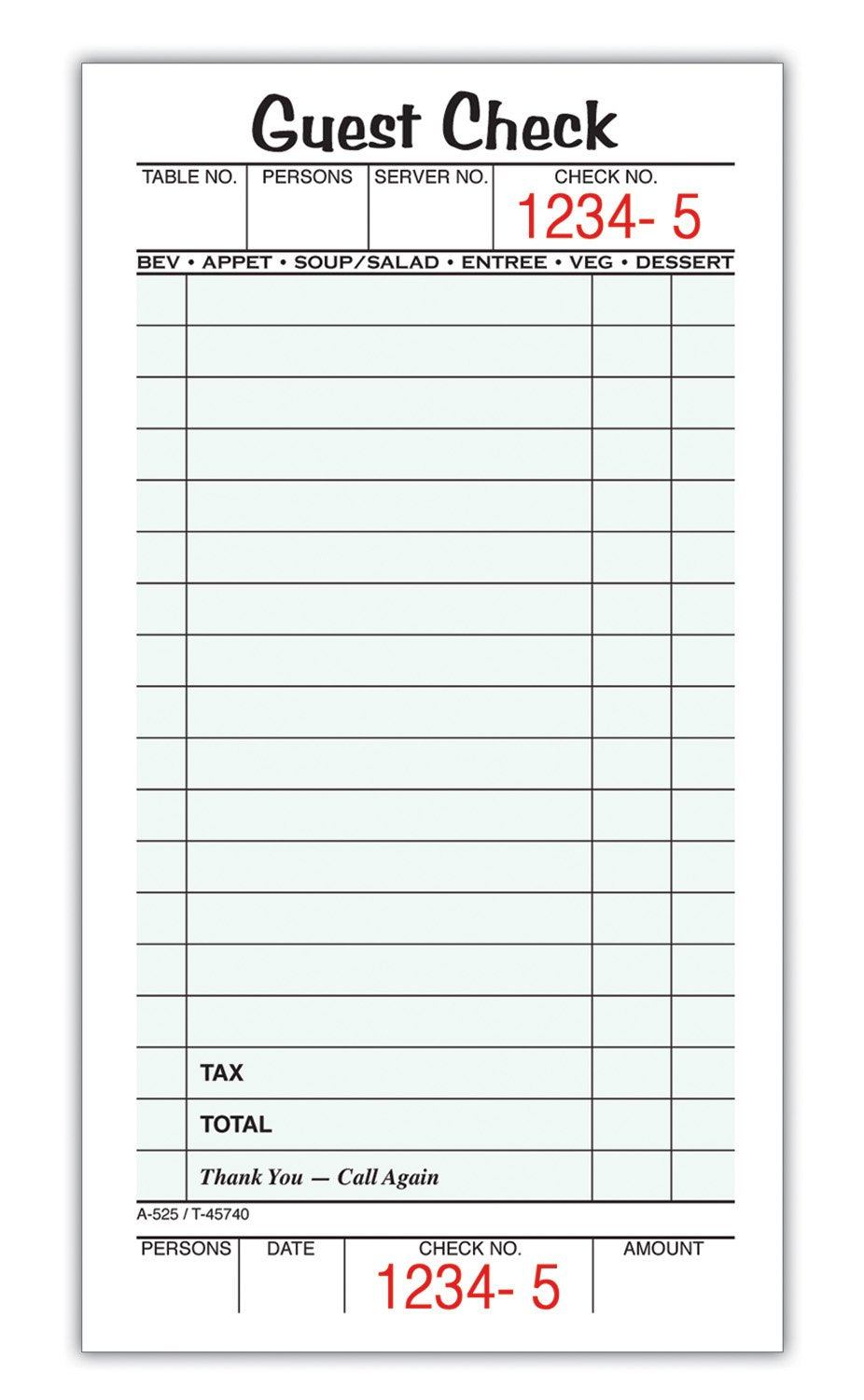 Adams Guest Check Pads, Single Part, Perforated, White, 3-2/5" x 6-3/4 ", 50 Sheets/Pad, 5 Pads/Pack (525SWMT)
