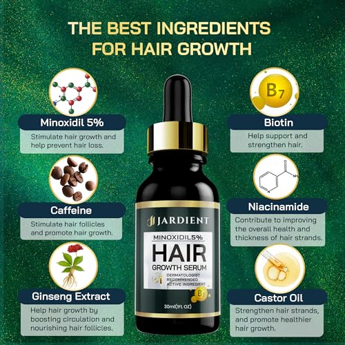 Jardient Minoxidil 5% Serum for Men and Women: Hair Growth Oil with Monoxide, Biotin, Beard Growth Kit - Minoxidil Serum - 1 Fl Oz - Prevent Hair Loss, Regrowth Treatment