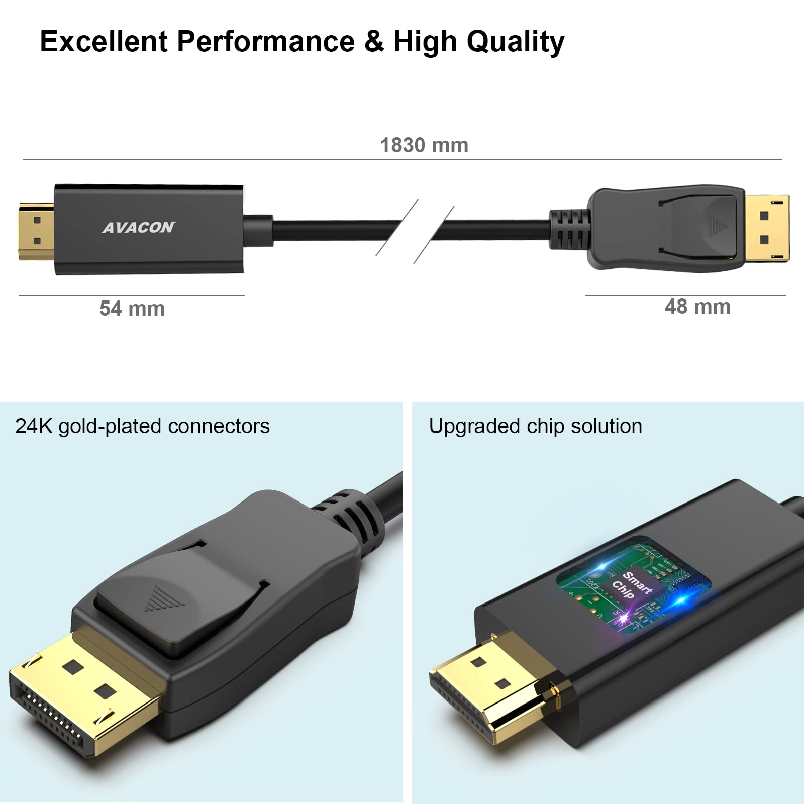 AVACON 4K DisplayPort to HDMI 6 Feet Gold-Plated Cable, Uni-Directional DP 1.2 Computer to HDMI 1.4 Screen DisplayPort to HDMI Adapter Male to Male Black