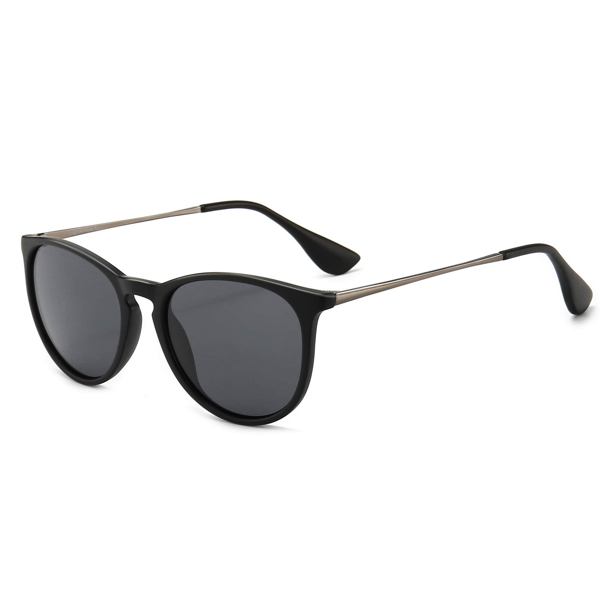 SUNGAIT Premium Vintage Round Sunglasses for Women Men Classic Retro Trendy Style (Black Frame(Matte Finish)/Polarized Grey Lens) 1567 PGHKH