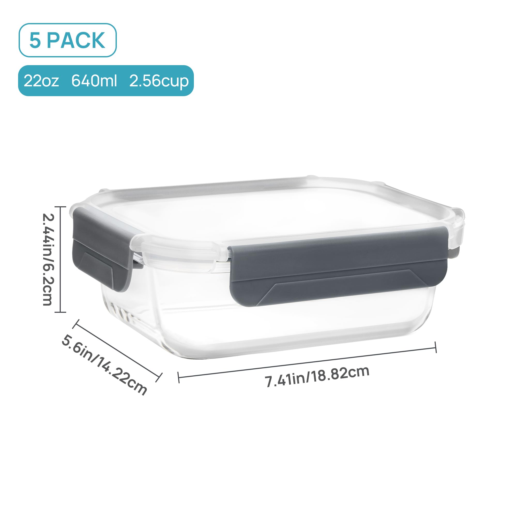 Vtopmart 5 Pack 22oz Glass Food Storage Containers with Lids, Meal Prep Containers, Airtight Lunch Containers Bento Boxes with Snap Locking Lids for Microwave, Oven, Freezer and Dishwasher