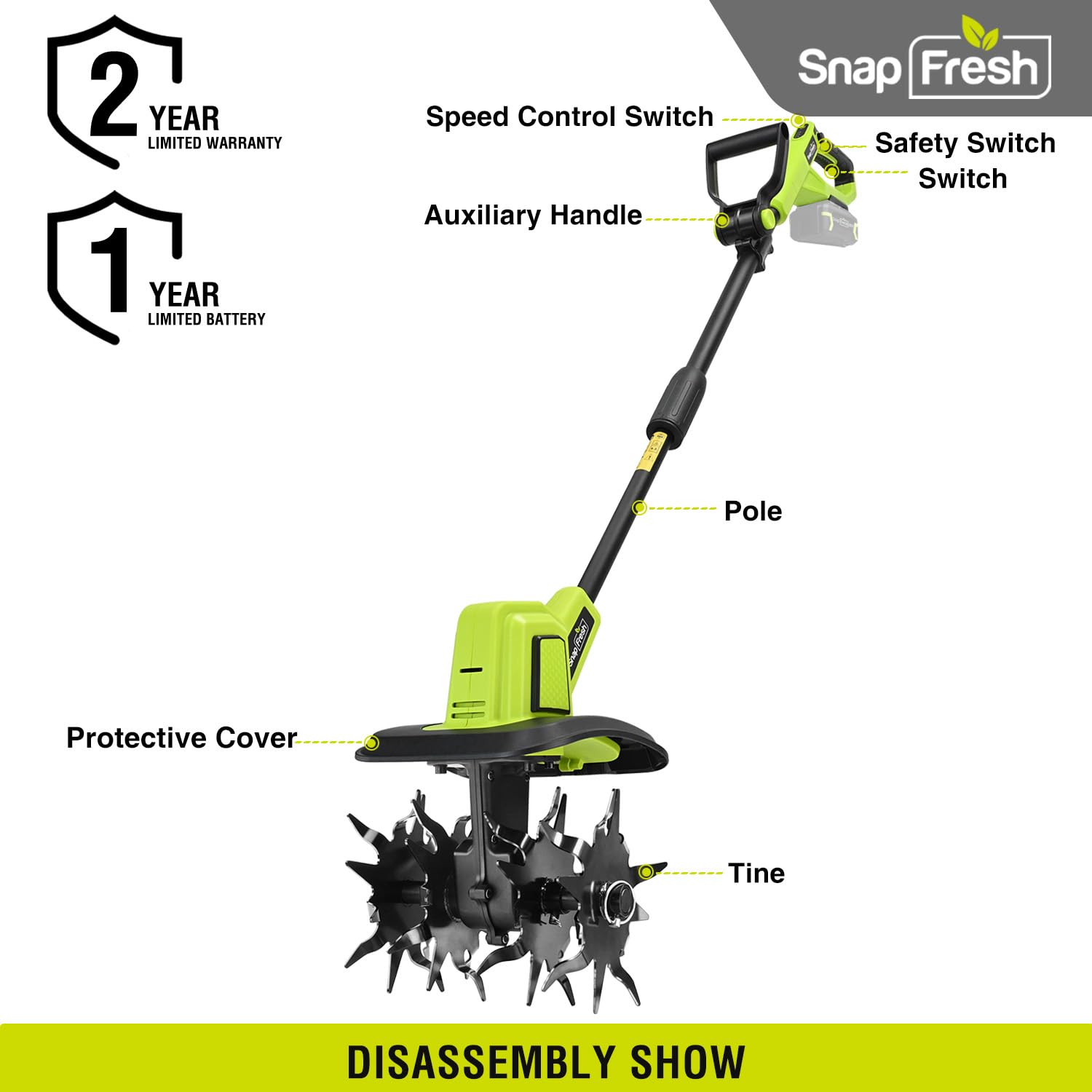SnapFresh Cordless Tiller Cultivator, 20V Electric Garden Tiller with 4.0AH Battery and Fast Charger, 300 PRM Battery Powered Rototiller, 9" Width 6.6" Depth, 3 Speed Handheld Tiller with Steel Tines
