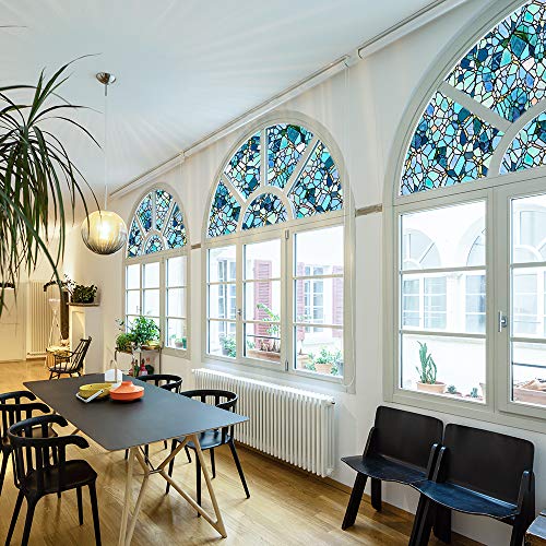 funlife Stained Glass Window Film, Double-Sided Thickened Static Cling Window Films, Non-Adhesive Glass Window Decals Decor for Door Window, 17.7"x118", Blue Cobblestones