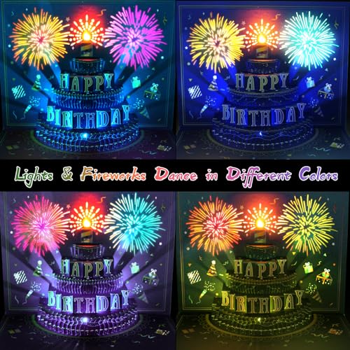 MZD8391 UPGRADED 3D Pop Up Firework Birthday Cards, Musical & LED Lights Birthday Cards with Blowable Birthday Cake, Greeting Cards, Birthday Gifts for Mom Women Men Kids Child Dad Father Wife (Blue)