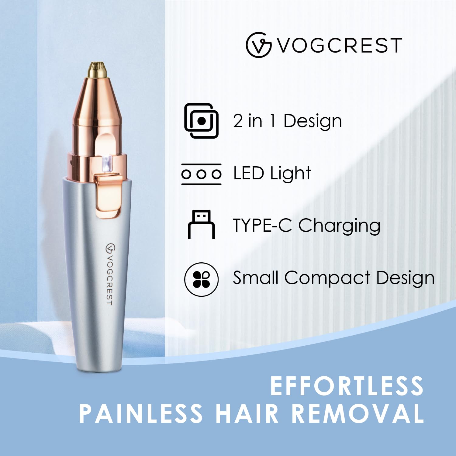 VG VOGCREST Eyebrow Facial Trimmer: 2 in1 Rechargeable Facial Hair Removal and Eyebrow Shaver - Face Lips Body Painless Facial Razor with Built-in LED Light (Sky Blue)