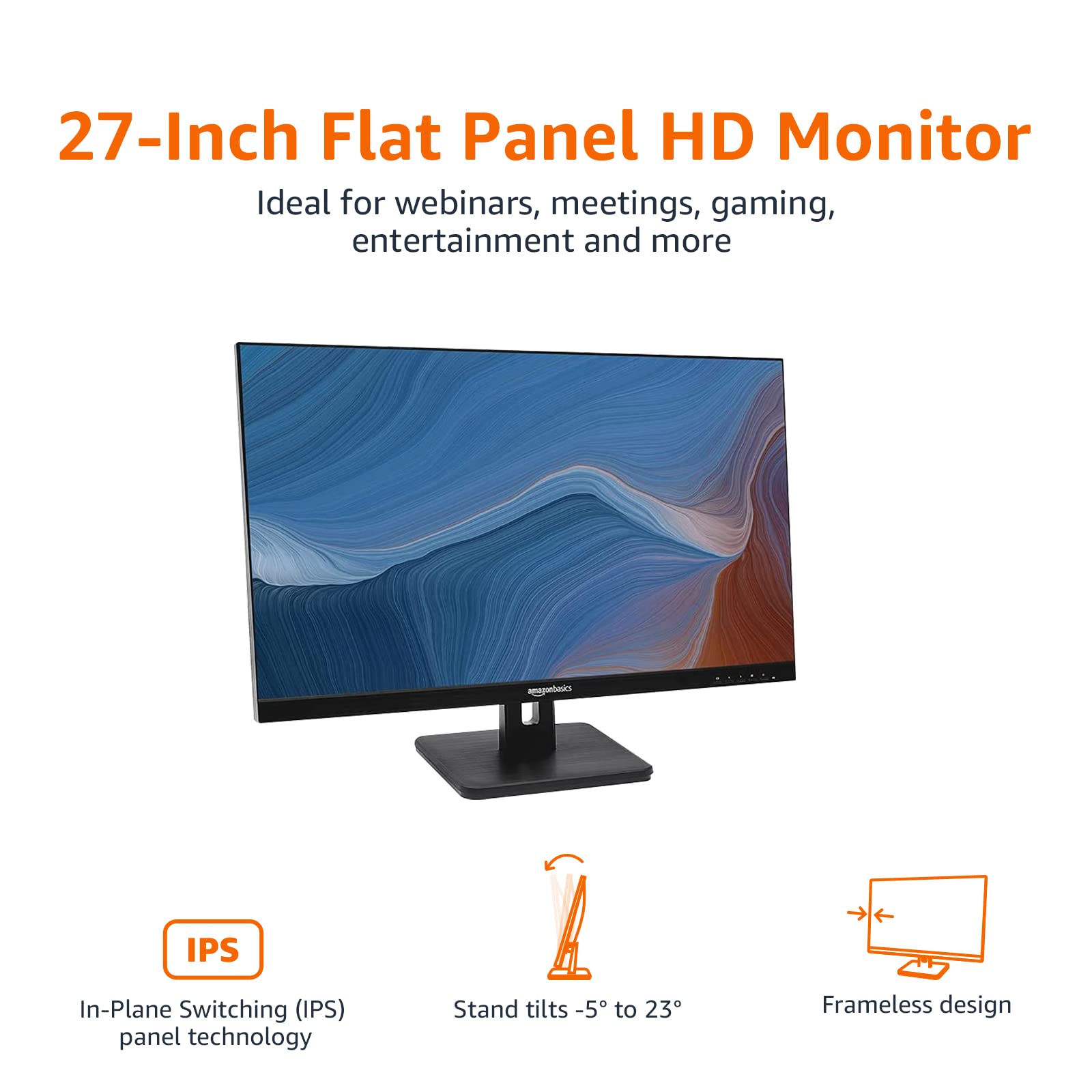 Amazon Basics - 27 Inch IPS Monitor 75 Hz Powered with AOC Technology FHD 1080P HDMI, Display Port and VGA Input VESA Compatible Built-in Speakers for Office and Home, Black