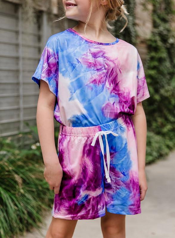 Dokotoo Girls Summer Casual Cute T-Shirt Shorts Outfits Set Short Sleeve Tops Tee Clothes Round Neck Tie Dye Stretchy Drawstring Waist Shorts with Side Pockets 2024 Size 10-11 Purple