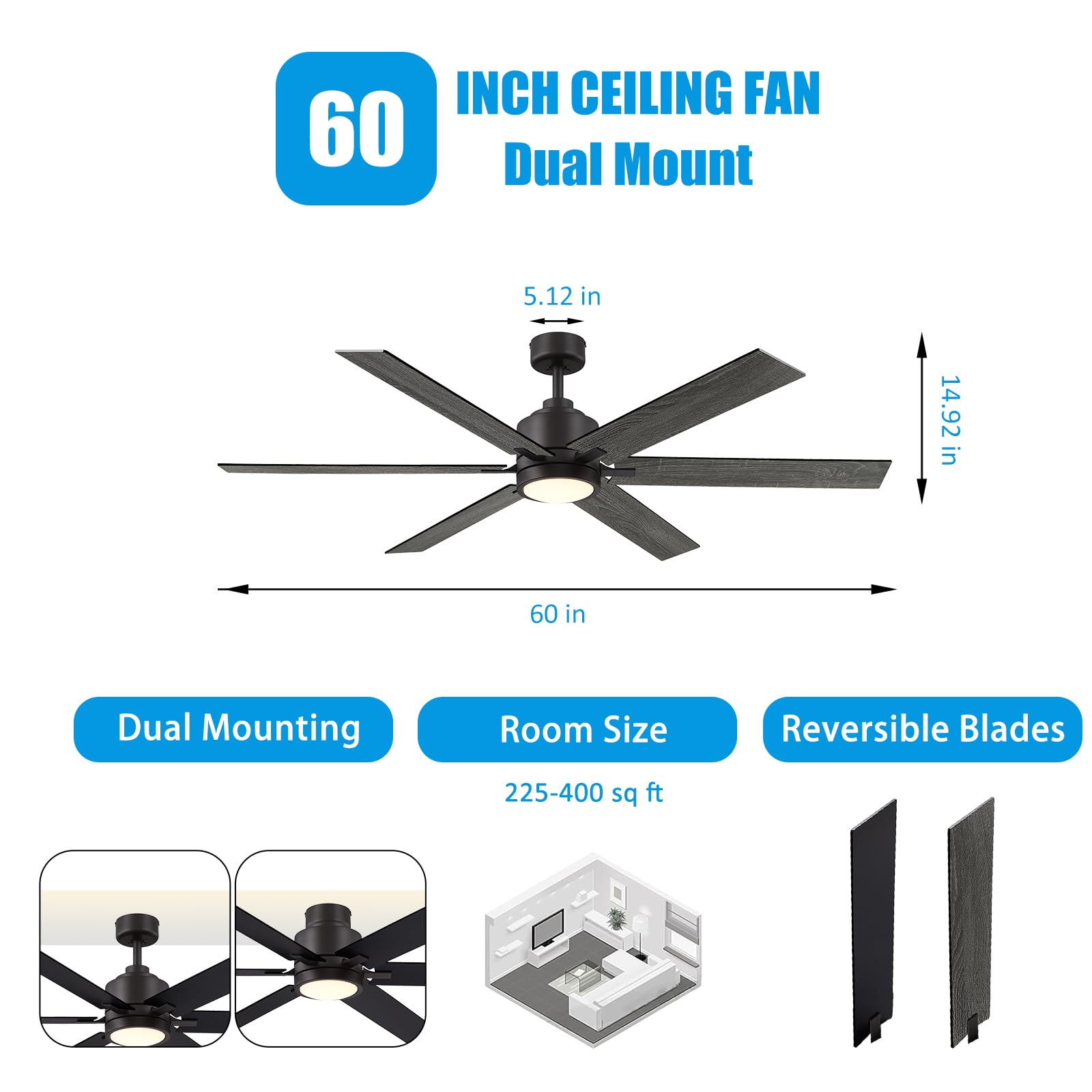 60 Inch Ceiling Fans with Light and Remote, Farmhouse Ceiling Fan with Light, Large Industrial Ceiling Fan for Living Room, Dining Room, Bedroom, Reversible DC Motor, 6 Speed, Black Bronze