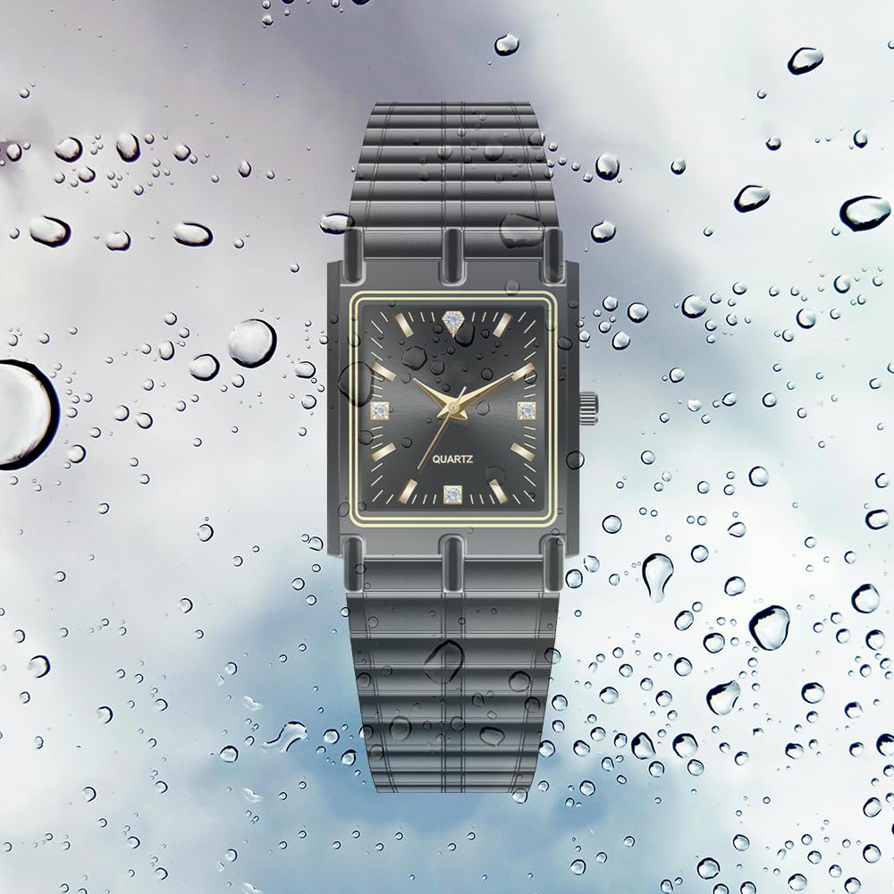 BESTKANG Unisex Watch Square Luxury Diamond Watches Analog Quartz Waterproof Watch for Men Women Stainless Steel Band Watch (Black)