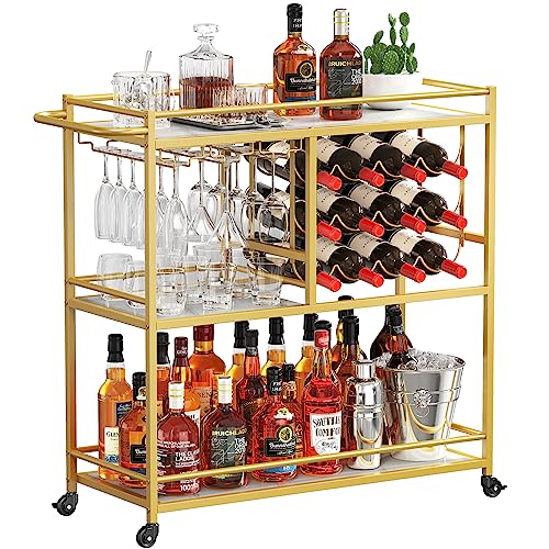 Lifewit Bar Cart for The Home, 3 Tier Drink Cart with Lockable Wheels, 12 Wine Rack and 3 Rows Glass Holders, Liquor Serving Cart for Kitchen Dining Livingroom, 31.6" x 13.1" x 33.9", Gold