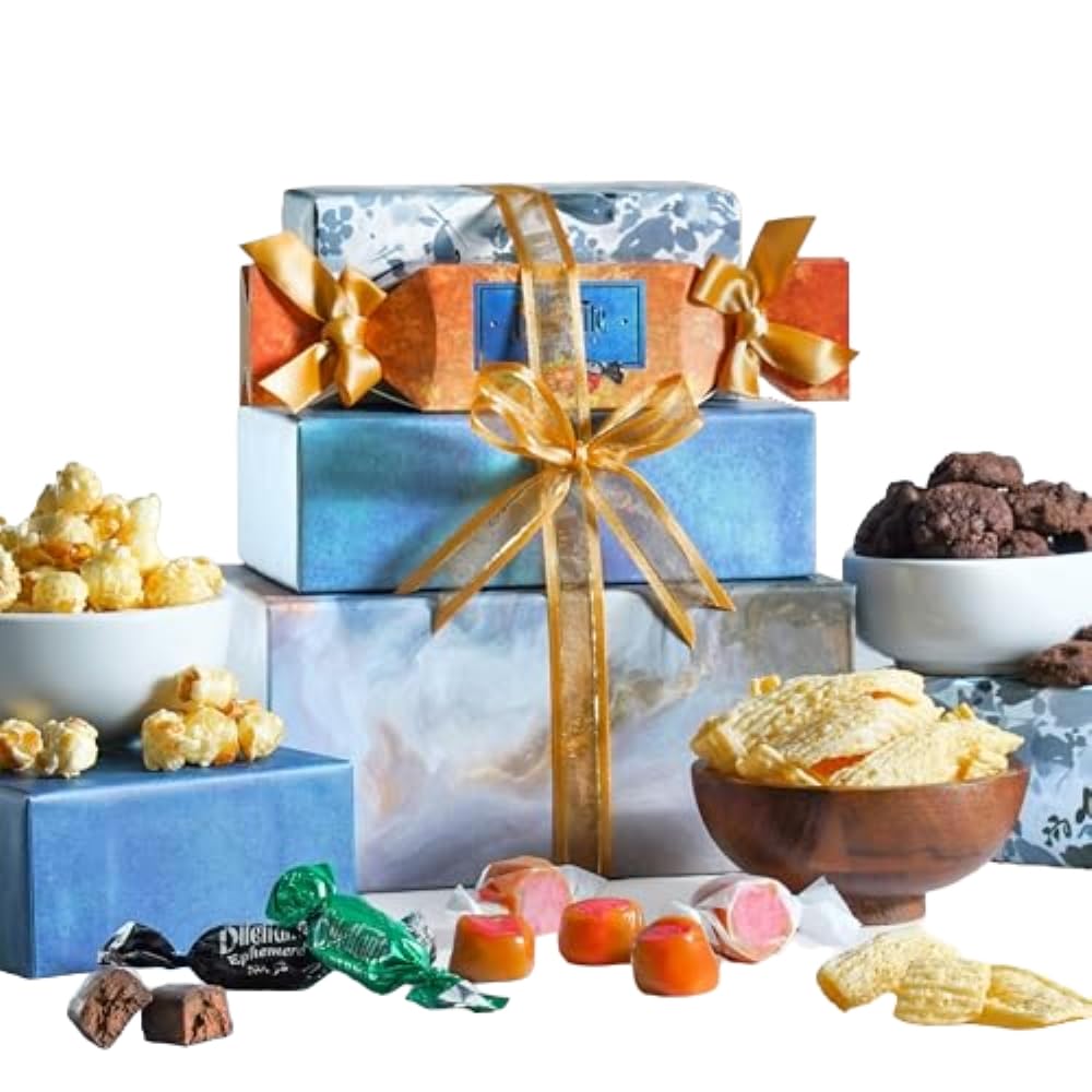 Broadway Basketeers Chocolate Food Gift Basket Tower Snack Gifts for Christmas Holiday Women, Men, Families, College, Delivery for Appreciation, Thank You, Get Well, Congratulations