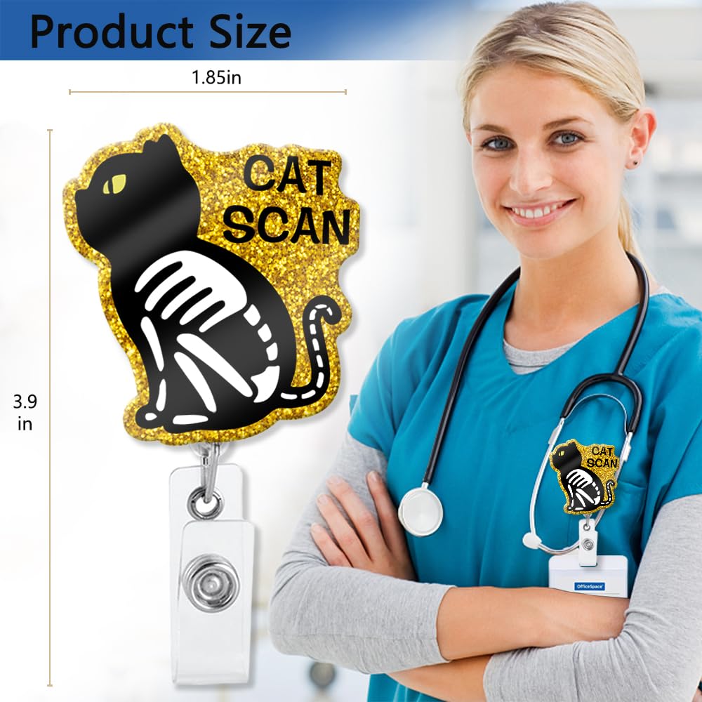 XQLZY Cat Scan Funny Gold Glitter Retractable Badge Reel with Shark Clip, Cute Black Cat Badge Holder Gift for Nurse Doctor Medical Assistant Veterinary X-Ray Personnel Radiology Tech Graduate