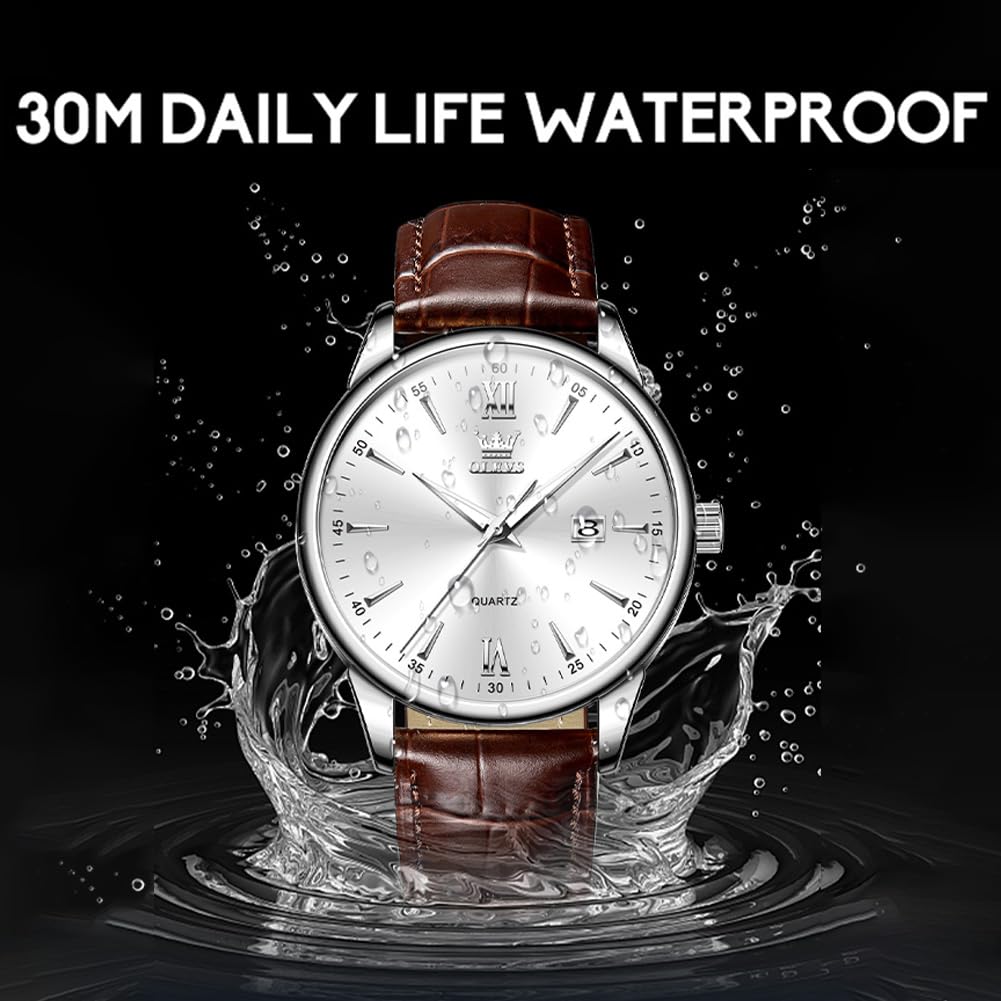 OLEVS Mens Watches Brown Leather Band Minimalist Men's Wrist Watches Silver Dress Watches for Men Waterproof Big Face Watch for Men Fashion Quartz with Date Man Watch relojes para Hombres