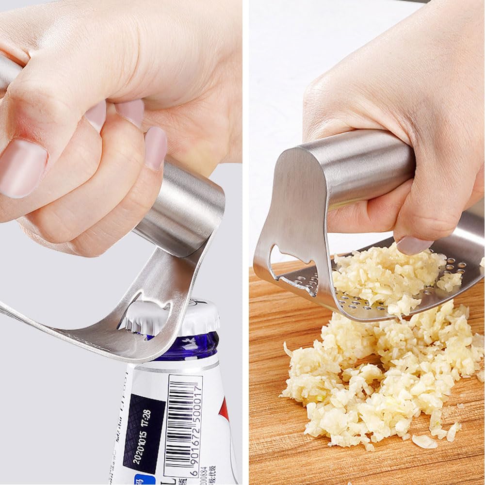 Stainless Steel Garlic Press,2024 Newest Garlic Press Stainless Steel Garlic Mincer Garlic Crusher with Peeler and Cleaning Brush,Handle Garlic Chopper for Smash Garlic Kitchen Tools (A)