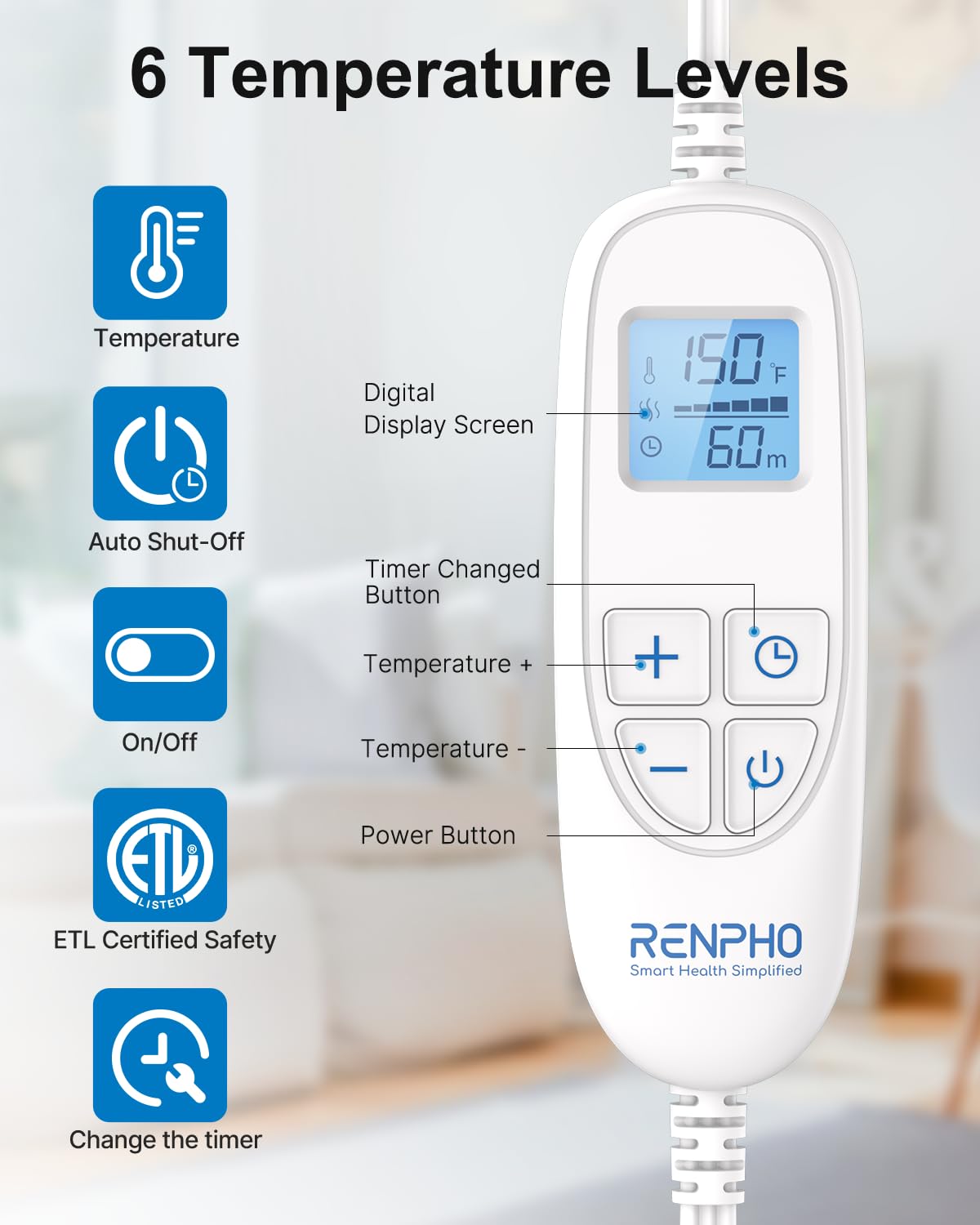 RENPHO Valentines Day & Birthday Women Men Mom Dad Gifts, Heating Pad for Neck and Shoulders and Back Pain Relie, FSA HSA Eligible, 24"x33" Electric Heat Pad, Auto Shut Off, ETL Certified, Blue