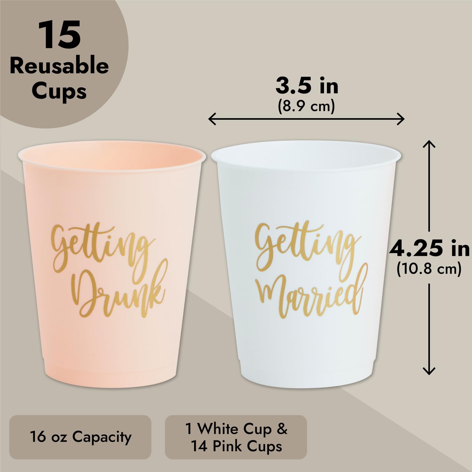 Sparkle and Bash 15 Pack Reusable Bachelorette Party Cups, 16 Oz, Plastic Tumblers for Bridal Shower or Getting Married, White and Pink