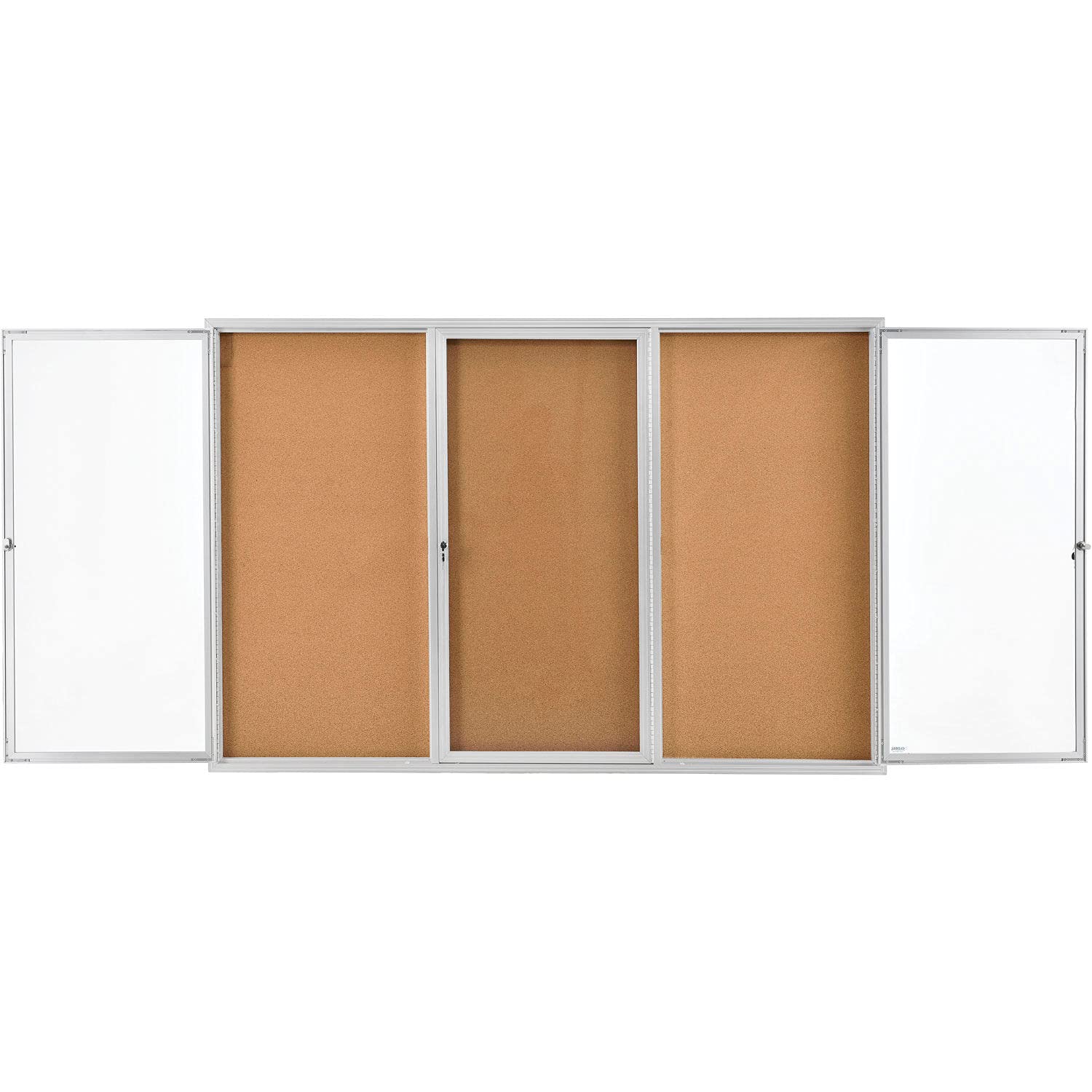 Global Industrial 3 Door Enclosed Bulletin Board, Cork, Aluminum Frame. 72" x 48"