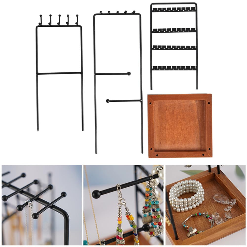 SPAKOWN Jewelry Organizer Stand Jewelry Holder with Wood Base 27 Holes 10 Hooks for Earring Necklace Ring Bracelets Display and Storage