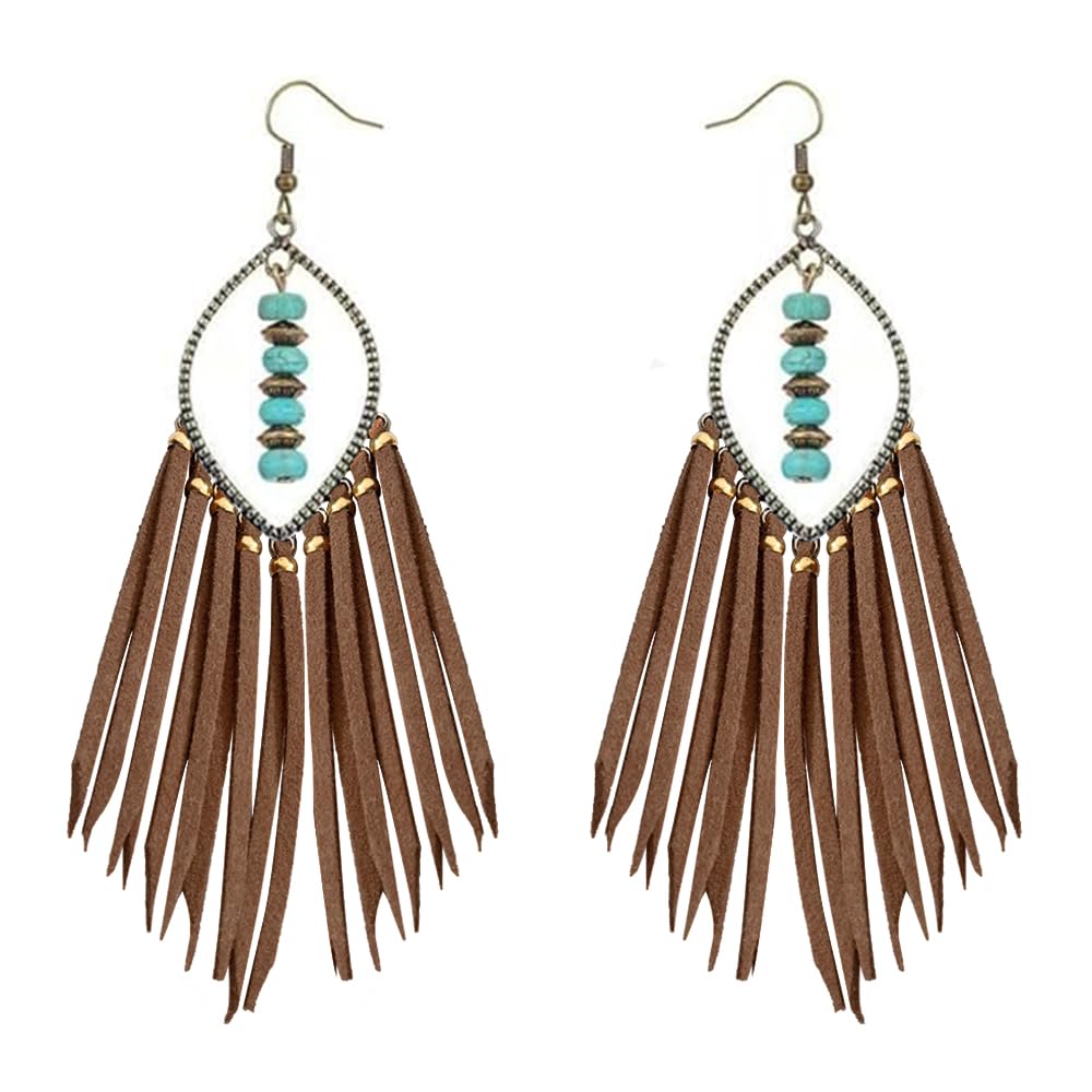 WZJLY 1 Pair of Zinc Alloy Turquoise Copper Beads Bohemian Pure Handmade Tassel Earrings (Brown)