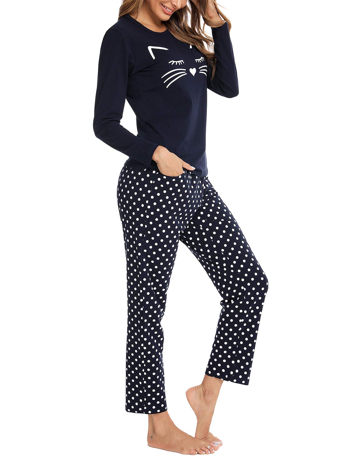 EISHOPEER Women's Long Sleeve Cat Print Top and Polka Dot Pants Sleepwear Pajama Set Navy Blue XS