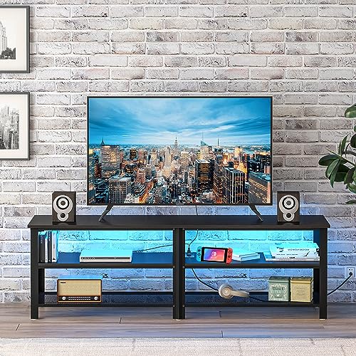 Clikuutory Modern Black 63 inch Metal TV Stand with LED Lights and Power Outlets for 40 50 55 60 65 70 Inch TVs, 3 Tier Television Stands with Entertainment Center and Storage for Living Room, Bedroom